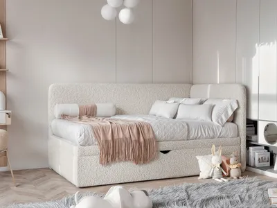 Produktbild von 4ALLHOME Boxspringbett Esta, 80/90/100/120x200 cm, Kinderbett, Jugendbett, Bett mit Bettkasten und Lattenrost, Boucle, 90x200cm, Seite: Rechts, Beige
