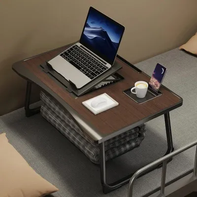 Produktbild von Verstellbarer Laptop Tisch - L-förmiger Computer Schreibtisch für Bett und Sofa - 6-stufige Höhenverstellung, Becherhalter, klappbares Holz, EUTQ58ND-CE