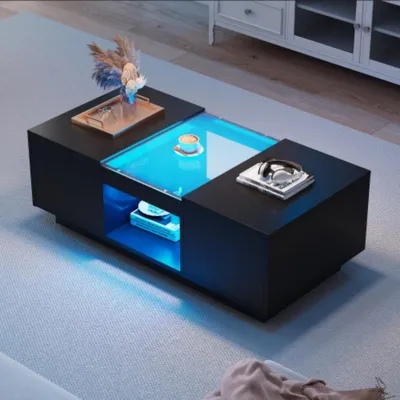 Obrázek produktu pro Konferenční stolek se skleněným obložením, LED osvětlení konferenčního stolku, ovládání aplikace na pohovce, 2 zásuvky 100x50x35,5 cm