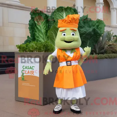 Produktbild von Orange REDBROKOLY Caesar Salad Maskottchen Kostüm Figur bekleidet mit einem Bleistiftrock und Einstecktüchern