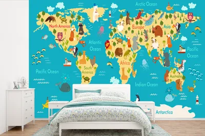 Produktbild von Kinderwelt Wandteppich - Weltkarte - Dekoration für Kinderzimmer - Gelb und Blau - 525x350 cm - Wandbild für Kinder