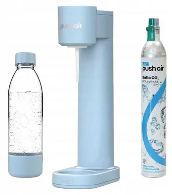 A light blue water carbonator, a clear bottle with water, and a CO2 cylinder are arranged on a white background.