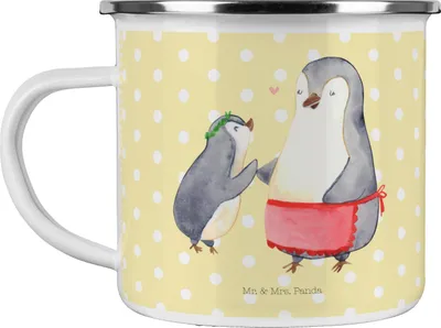 Produktbild von Mr. & Mrs. Panda Campingbecher Pinguin mit Kind - Gelb Pastell - Geschenk, Mama, Campingtasse, Muttertag, Haferl, Pott, Emaille Becher, Mutter, Vorbild, Tasse, Motivtasse