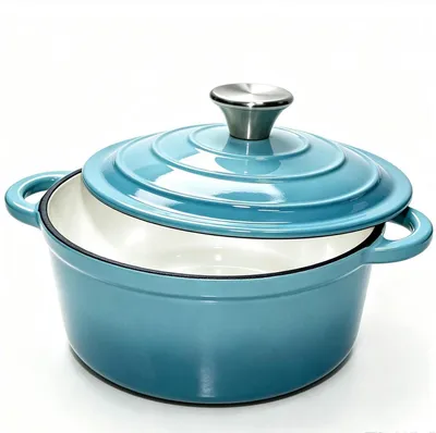 Produktbild von Gusseisen Topf 20cm mit Deckel, 2L Emaille Brotbacktopf, Schmortopf Induktion & Backofen Blau