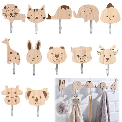 12er-Set Kinder-Garderobenhaken aus Holz, selbstklebend, Tiermotive