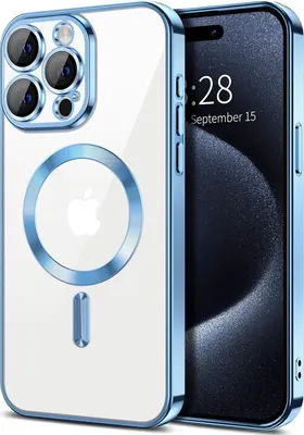 Image de Coque magnétique transparente pour iPhone 15 Pro Max, compatible MagSafe, coque de protection galvanisée avec protection de l'appareil photo Bleu clair
