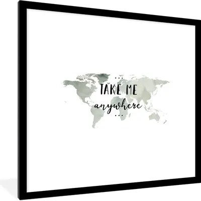 Produktbild von MuchoWow® MuchoWow® Gerahmtes Poster Weltkarte - Grau - Zitat 40x40 cm - Poster mit zchwarzem Bilderrahmen - Poster - Plakat im Rahmen