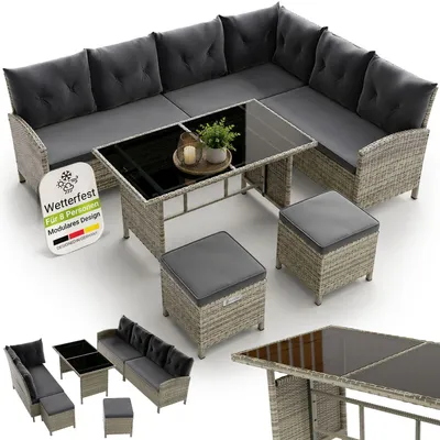 Produktbild von Juskys Polyrattan Lounge Manacor - Sofa, Tisch, Hocker & Kissen - Grau-meliert & Grau