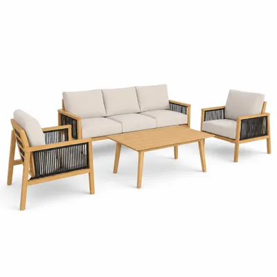 Produktbild von greemotion Gartenmöbel-Set Monaco 4-teilig Aluminium Holzoptik grau braun mit Esstisch und Kissen