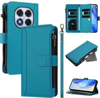 Obrázek produktu pro Pouzdro pro Xiaomi Redmi Note 14 Pro 5G/Poco X7, zipem, peněženkovéPolyuretankožené flip pouzdro s kapsami na karty, stojánkem a poutkem na ruku Jezerní modrá