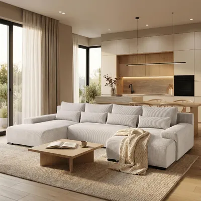 A modern living room with a large sectional sofa and an adjacent kitchen area.