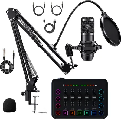 Obrázek produktu pro Sada vybavení pro podcasting, sada pro streamování zvuku s kondenzátorovým mikrofonem, redukce šumu, zvuková karta pro živé vysílání, zvukový mixér pro živé vysílání,