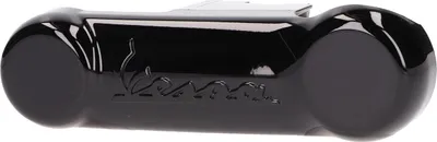 A black scooter part with a logo embossed on it, isolated on a white background.