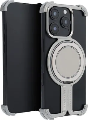 Immagine prodotto di Custodia a staffa - Robusta custodia in alluminio con supporto ad anello integrato compatibile con iPhone 15 Pro Silver