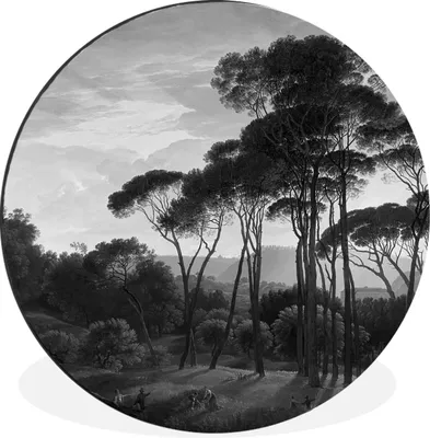 Produktbild von MuchoWow® Aluminium Wandkreis Italienische Landschaft mit Pinien - Gemälde von Hendrik Voogd - Schwarz und weiß Ø 60 cm Wanddeko Modern Wohnzimmer - Wand Kreis - Wandbild - Schlafzimmer - Aluminium Bild - Kinderzimmer - Wohnzimmer Dekoration - Wandschmuck