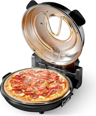 Image de Wiltec Mini four à pizza avec plaque en pierre céramique – 360 x 360 x 180 mm – 400 °C max. – avec Plaque en pierre céramique Ø 32 mm, Fenêtre de visualisation, 2 Éléments chauffants et Minuterie