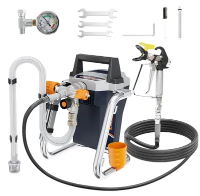 Produktbild von Airless Farbsprühgerät mit Druckmesser, Spritzpistole, Schläuchen und Zubehör, P