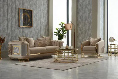 Produktbild von Polstersofa Couchgarnitur Dreisitzer Sessel Beige Couch Stoffsofa 2tlg