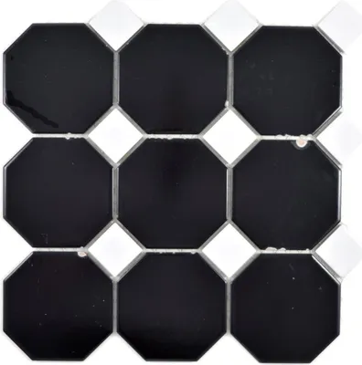 Produktbild von Achteck Mosaik Keramik Octa schwarz matt mit weiß glänzend Mosaikfliese Wand Fliesenspiegel Küche Bad