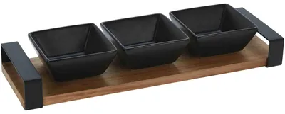 Produktbild von Excellent Houseware Tapas-Servierset, Keramik/Bambus, 32x10x4 cm, schwarz/braun