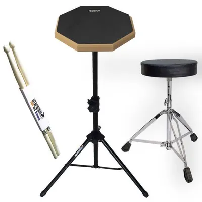 Image de keepdrum Set de pads d'entraînement DP-BK8 noir avec trépied tabouret et baguettes de batterie 1 paire