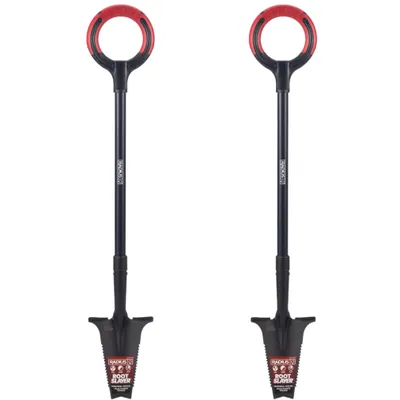 Produktbild von Root Slayer Pro Beetspaten 2.0 mit Stiel 2er Pack, ergonomisch & robust, Spaten & Schaufel mit Schneidspitze & Wurzelsäge, rot