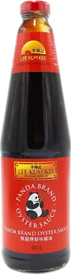 A bottle of Lee Kum Kee Panda Brand Oyster Sauce.