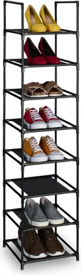 Produktbild von Relaxdays Schuhregal, 8 Ebenen, HBT: 140x33x33 cm, Metall Schuhablage, Stoff Ablage, schmales Schuhgestell, schwarz/grau