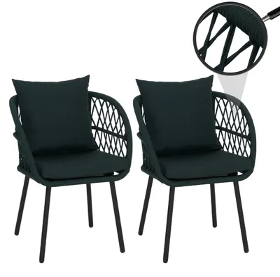 Zdjęcie produktu dla Zestaw 2 krzeseł ogrodowych HWC-Q38, fotel ogrodowy z podłokietnikami, aluminiowa plecionka Rope ~ czarna rama, zielona tapicerka