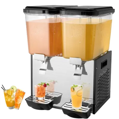 Obrázek produktu pro VEVOR komerční nápojový automat se 2 nádržemi, dávkovač džusu 18 l (na nádrž), 370 W nerezový dávkovač ledového čaje s teplotou chlazení 7-12 °C, pro studené nápoje restaurace bar party bufet catering