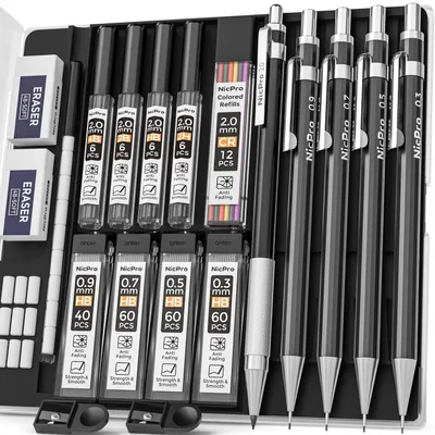 Obrázok produktu pre Sada mechanických ceruziek, čierna, kovová, 5 kusov, s 9 krabičkami náhradných grafitových výplní (0,3–2 mm), 2 gumami a puzdrom
