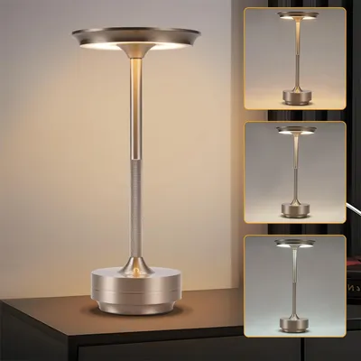 Produktbild von Kabellose Dimmbare LED, Akku Tischleuchte Touch Tischlampe Lampe, Wohnzimmer Nachttischlampen Dreifarbiges Licht, Silber