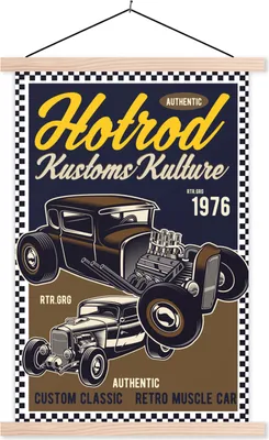 Produktbild von MuchoWow® Textilposter Mancave - Auto - Vintage - Gelb 40x60 cm mit holzfarbenen Rahmen - Poster