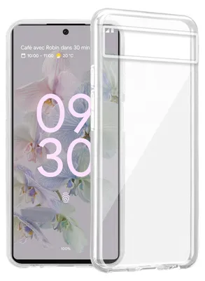 A clear protective phone case is shown next to a smartphone displaying the time and a floral wallpaper.