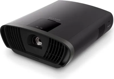 A black projector is shown from a three-quarter angle on a white background.