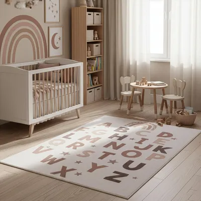 Produktbild von Carpetsale24 Kinderteppich Alphabet Lernteppich für Kinderzimmer in Creme mit Buchstaben Motiv Größe 140x200 cm für großzügige Lern und Spielflächen
