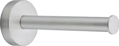 A silver toilet paper holder mounted on a white background.