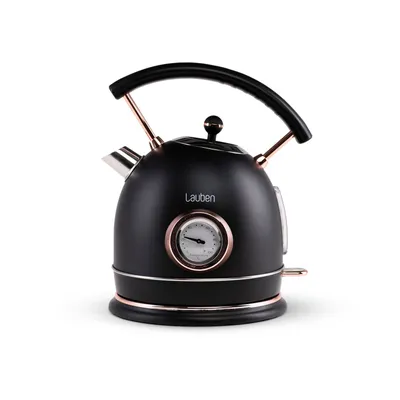 A studio shot of a black kettle with rose gold accents.