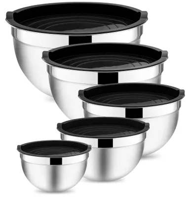 Produktbild von 5-teiliges Salatschüssel-Set aus Edelstahl mit luftdichten Deckeln, stapelbar und spülmaschinenfest, 4,6/2,8/1,6/1,2/0,7 Liter – Schwarz