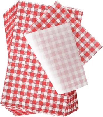 Produktbild von Fettdichtes Papier für Lebensmittel, 30,5 x 19,1 cm, lebensmittelecht, rot karierte Korbeinlagen, wasserdichtes Wachspapier für Feinkost/Grill, Sandwiches, Hamburger, Gebäck, Käse, Kekse, Buffets.