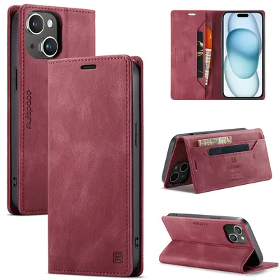 Obrázek produktu pro Pouzdro pro iPhone 15, RetroPolyuretanKožené Pouzdro, Stojánek a Ochranné Pouzdro červené