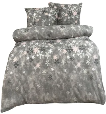 Produktbild von Fleece Bettwäsche Set, 200x220 cm Deckenbezug, 80x80 cm Kissenbezug, Grau Rosa, Schneeflocken, mit Reißverschluss