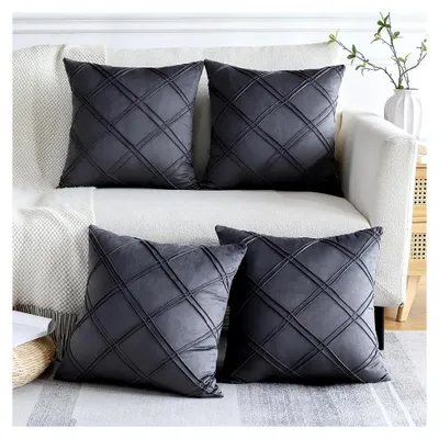 Produktbild von 4er Set Kissenbezüge aus Samt mit Rautenmuster, dekorative und weiche Kissenhüllen für Sofa und Schlafzimmer (45x45 cm, Dunkelgrau)