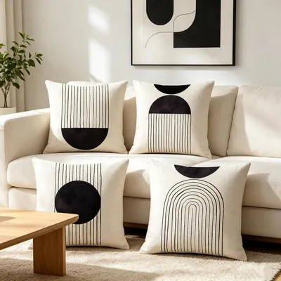 Produktbild von Boho-Kissenbezüge, Set aus 4, 18x18 cm, im Mid-Century-Modern-Stil, mit Bogen- und Sonnendekor, aus Baumwolle und Leinen, dekorative Kissenbezüge im Boho-Stil mit Reißverschluss, schwarz und weiß