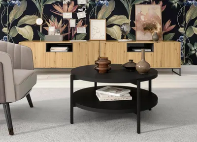 Produktbild von Runder Couchtisch Sampi 84 cm schwarz matt mit Ablage – Moderner Wohnzimmertisch im zeitlosen Design mit stabilem Metallgestell und zusätzlicher Ablag