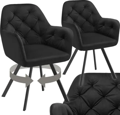 Two black velvet armchairs with tufted backs and metal legs are shown. A circular arrow graphic indicates rotation.