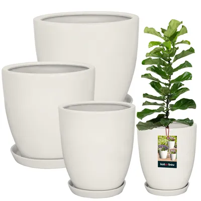A set of three white ceramic plant pots of varying sizes, with one pot containing a small green plant and a product tag.