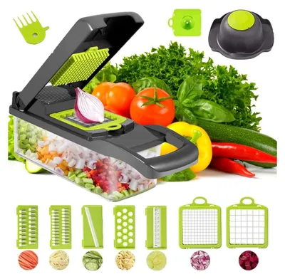 A multi-functional vegetable and fruit chopper with various attachments, surrounded by fresh produce.