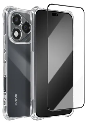 A clear, studio shot of a transparent phone case and a screen protector, presented together.
