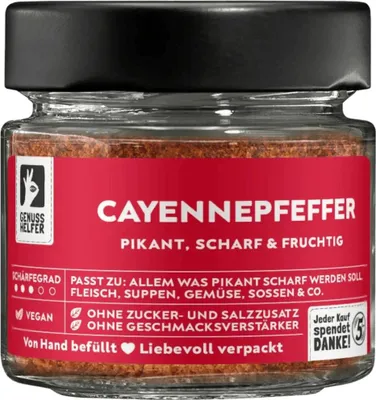 Produktbild von Cayennepfeffer, gemahlen, Pfefferpulver, sehr scharf, zum Kochen und Braten, 50g im Glas